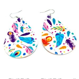 New Handmade S925 Sterling Silver Leather Rainbow Feather Dangle Earrings